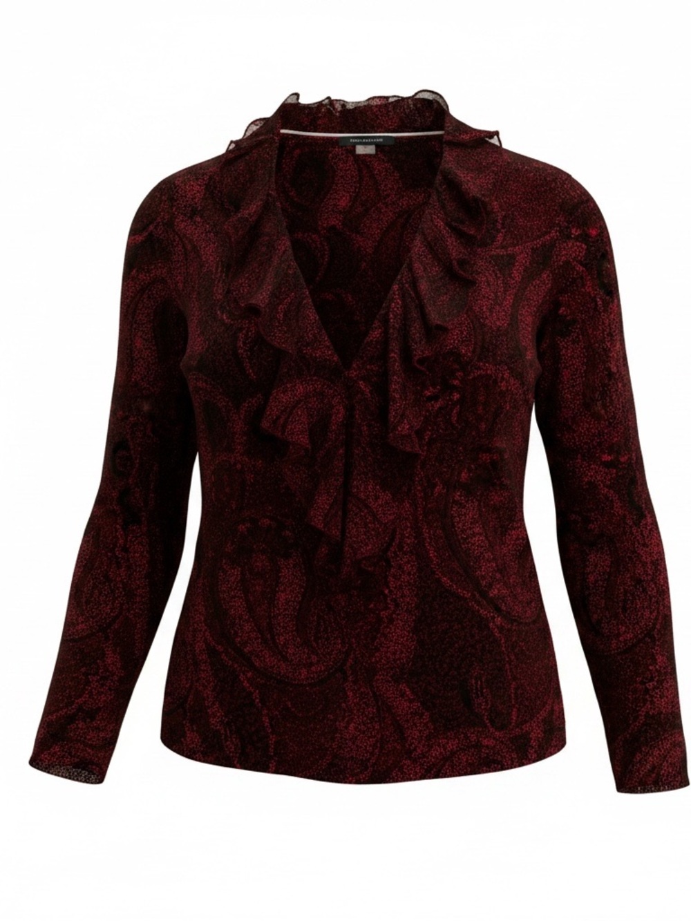 Tommy Hilfiger Black and Red Paisley Patterned Ruffled V-neck Blouse Poly Blend